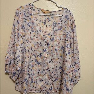 Cream 3/4 Sleeve Wrap Blouse with Relaxed Fit